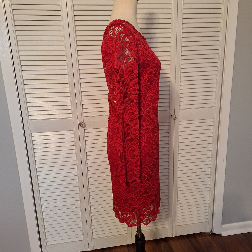 Ambiance red lace stretchy knee length dress sz large *A1 - Picture 8 of 9